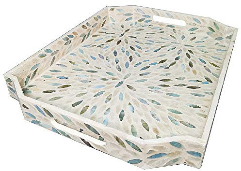 i-lan Mother of Pearl Inlay Serving Tray for Cocktail Ottoman,Coffee Table,Large Polygon Rustic Wooden Decorative Serving Tray for Breakfast,Snacks,Gadgets,Vintage Handcrafted Decorative Serving Tray