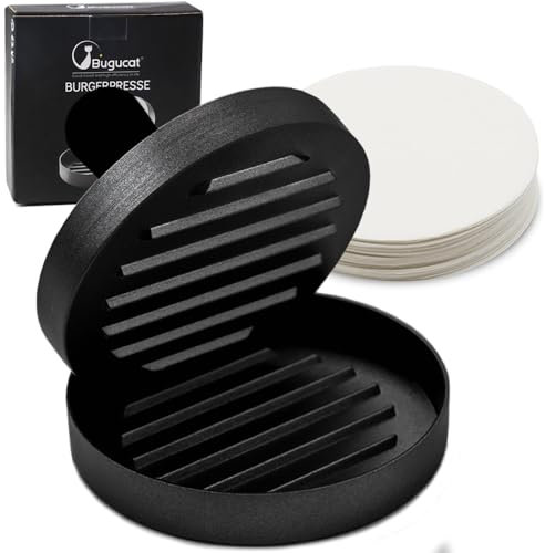 Bugucat Burgerpresse mit 50 Blatt Backpapier, Hamburgerpresse Set für Burger Patties aus Aluguss für leckere Hamburger BBQ mit Antihaftbeschichtung Frikadellen Grillzubehör Durchmesser Φ11cm
