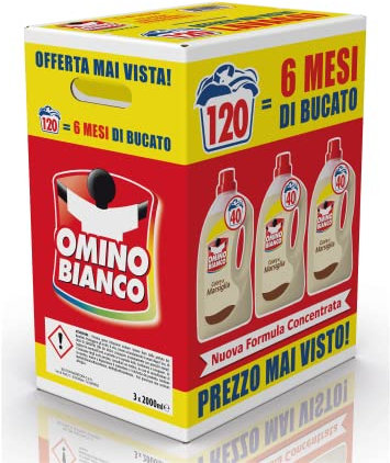 Omino Bianco - Detersivo Lavatrice Liquido, 120 Lavaggi, Rispetta Colori e Tessuti, Fresco Profumo con Essenza Cuore di Marsiglia, 2000 ml x 3 Confezioni