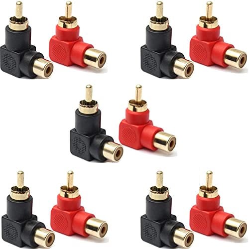 RUNCCI-YUN 10 Stück Rechtwinkliger Cinch-Stecker zu Cinch-Buchse Audio-Adapter, 90 Grad Winkelstecker, Chinch Winkel Adapter (Rot) (Schwarz)