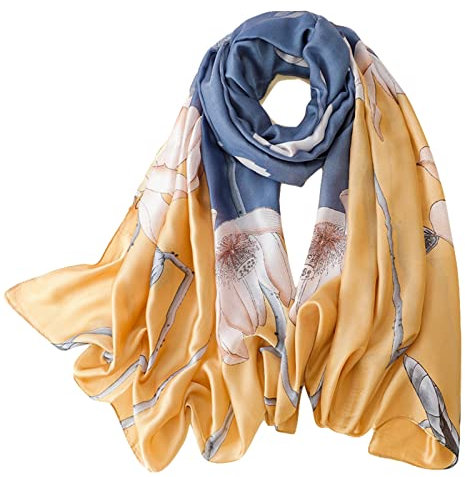 WEIGEER Silk Scarf Women Chiffon Shawl Stain Neckerchief Long Head Wrap Lightweight Scarf Ladies Hijab Belt Vintage Bridal Shawl Chiffon Scarf Muslim Cloth floral Christmas Scarf (Blue yellow)