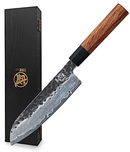 MITSUMOTO SAKARI Professional Japanese Knife, 7 inch Hand Forged Santoku Kitchen Knives, High Carbon Stainless Steel Chef Cooking Knife (Rosewood Handle & Sandalwood Box)