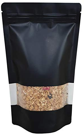 RIGHTPAK Bolsa de pie de 25 piezas de 13 cm x 21 cm, color negro mate con ventana, cierre hermético térmico para almacenamiento de alimentos, bolsas a prueba de olores, muesca de desgarro