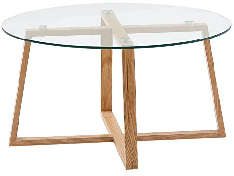 möbelando Couchtisch 78x78x41 cm Sofatisch Eiche Massivholz/Glas Rund | Design Wohnzimmertisch Modern | Holztisch Stubentisch Groß | Kaffeetisch Tisch Wohnzimmer Echtholz