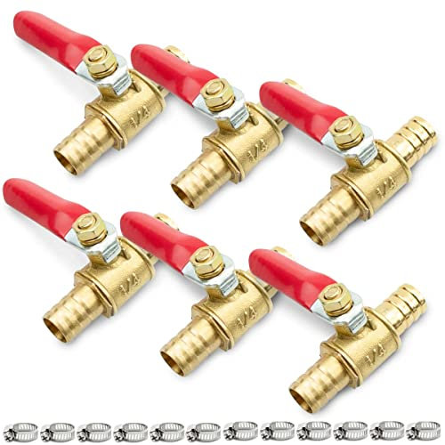 Bwintech 6 Stück 8mm Kugelventil aus Messing mit Widerhaken mit 12 Stück Klemmen, Luft Gas Kraftstoffleitung, Absperrventil, 180 Grad Betätigungsgriff, Ventilrohrverschraubungen
