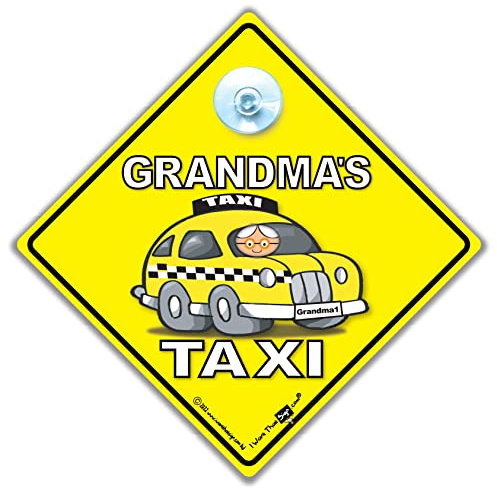 Grandma's Taxi Autoschild, Grandmas Taxi Saugnapf Auto Fenster Schild, Oma Taxi Schild Super Bright Saugnapf Beratung Fahrzeug Schild in super heller gelber und schwarzer Schrift 14 cm x 14 cm x 2 cm