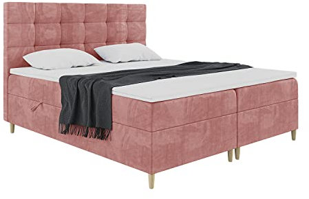 MEBLINI Boxspringbett mit Bettkasten - Gepolstert Doppelbett mit Matratze und Topper - Polsterbett mit Stauraum - Bett mit Kopfteil - Stauraumbett - DICO - 140x200 - H3/Rosa Samt