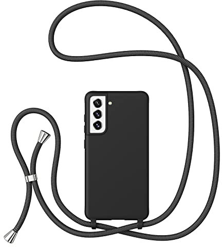 ZTOFERA Handykette Hülle Kompatibel mit Samsung Galaxy S21 5G, Liquid Silikon Handyhülle mit Umhängeband, Schutzhülle mit Band Kordel zum Umhängen Necklace Hülle für Samsung S21 5G, Schwarz