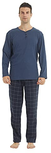 LANBAOSI Pyjama long 2 pièces pour homme - Long - Chaud - Hiver - Manches longues et pantalon de pyjama en polaire - Pantalon de pyjama à carreaux, bleu marine et bleu marine, L