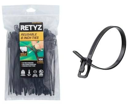 RETYZ 100PK 6 BLK EveryTie -EVT-S06BK-TA Releasable, Reusable, One-Handed, Tool-Free, Patented Cable Tie