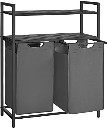 VASAGLE Cesto Portabiancheria, Porta Biancheria con 2 Sacchi Estraibili e Rimovibili, 2 Ripiani Portaoggetti, 46L per Sacco, per Bagno, Lavanderia, Nero e Grigio BLH211G01