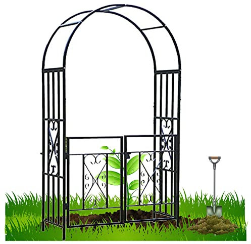 ENLLY Rosenbogen Aus Metall Mit Tor/Tür, Gartenbogen Stabil Torbogen Garten Rankhilfe Kletterpflanzen Rankbogen Rosengestell Rankgitter Witterungsbeständig 114x52x210cm