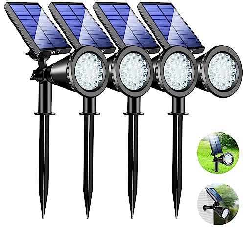 KEV Focos solares para exteriores, luces solares superbrillantes con 2 modos, ajustables e impermeables IPX65, foco solar para entrada, patio trasero, patio, paisaje, árbol, garaje (blanco frío,