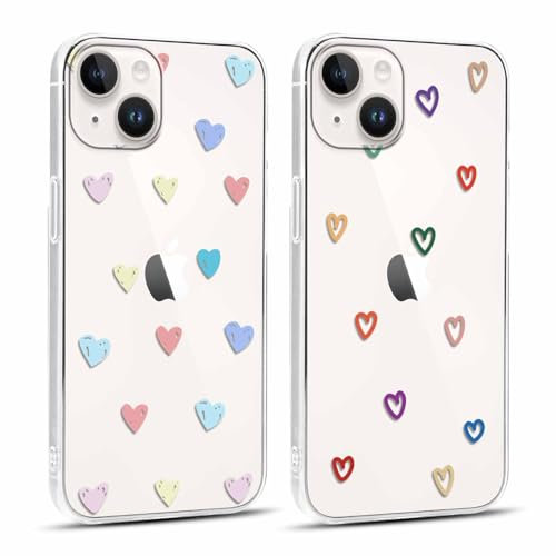 Yoedge 2 pezzi Cover per Apple iPhone 14 6,1 - Custodia Cuori per Telefono in Trasparente con Aesthetic Disegni Cuore d'amore, Custodie per Cellulare in Silicone TPU per iPhone 14 case Ragazza Donne