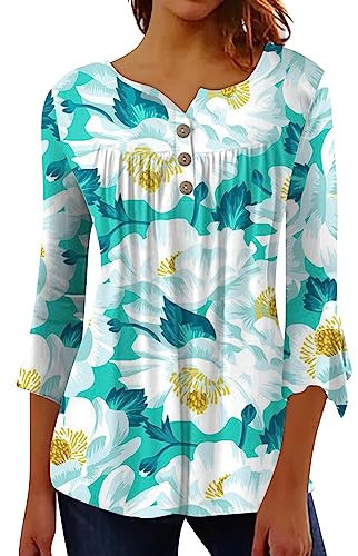 Tshirt Damen Sommer Bluse Damen Weiß Partner Tshirt Elegant Einfarbige/Blumendruck Button Down V-Ausschnitt 3/4 ÄRmel Shirt FüR Frauen Flowy Plissee Bluse Mit Knopfleiste Damen T Shirt Kurzer Arm