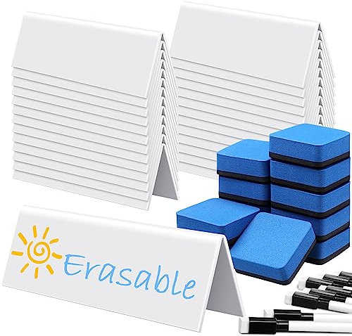 Seajan 48 Sets Reusable Name Tent Cards with Black Dry Erase Markers and Eraser Dry Erase Name Tents for Meetings White Name Plate for Weddings Classroom Office, 8.66 x 1.97 x 2.76 Inch