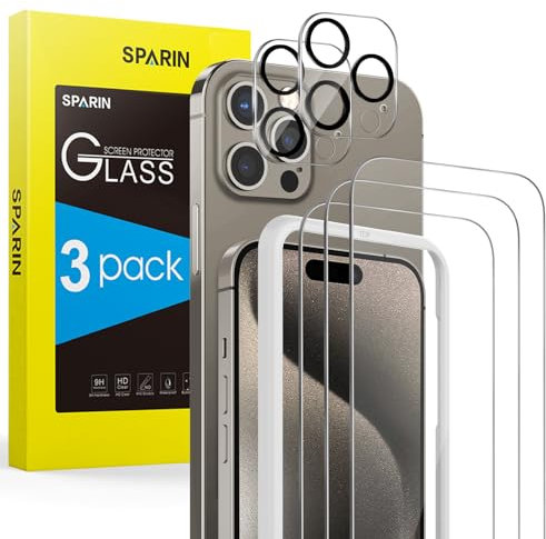 SPARIN Hartglas für iPhone 15 Pro 6,1 Zoll, mit 3 Displayschutzfolien und 2 Rückseitenschutz, Schutzglas mit Werkzeug zur einfachen Ausrichtung, kompatibel mit Schutzhülle