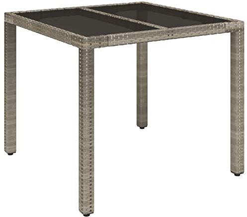 Homgoday Gartentisch mit Glasplatte Balkontisch Esstisch Terrassentisch Gartenmöbel Beistelltisch Außentisch für Garten, Terrasse und Balkon Grau 90x90x75 cm Poly Rattan