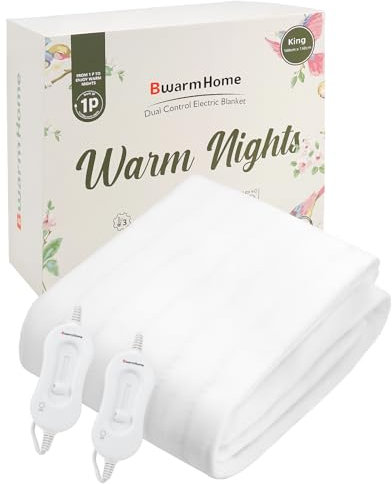 BWARM HOME Electric Blanket King Heated Electric Underblanket, 160 x 150cm, Dual Control, 3 Heat Settings, Overheat Protection, Easy Fit Straps, Machine Washable