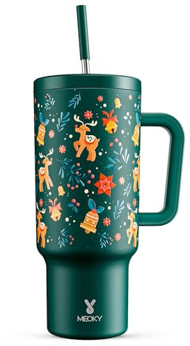 Meoky 40oz Tumbler with Handle, Leak-proof Lid and Straw, Insulated Coffee Mug Stainless Steel Travel Mug, Keeps Cold for 34 Hours or Hot for 10 Hours (Green Christmas)