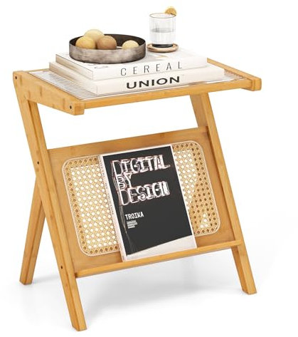 COSTWAY Table d’Appoint Bohême avec Porte-Revues en Rotin, Bout de Canape en Bambou avec Plateau en Verre Trempé, Petite Table d’Appoint Salon, 50 x 36 x 56 cm (Y, Jaune)