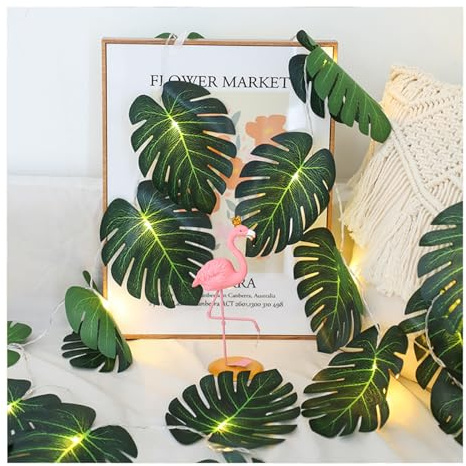 Künstliche Monstera-Blatt-Lichterkette|Künstliche Grüne Ranken-Und Palmenblätter Lichterkette|Batteriebetriebenes LED-Licht,15 X 18 Cm (5,9 X 7,0 Zoll),2 M (6,5 Fuß) – 20 LED