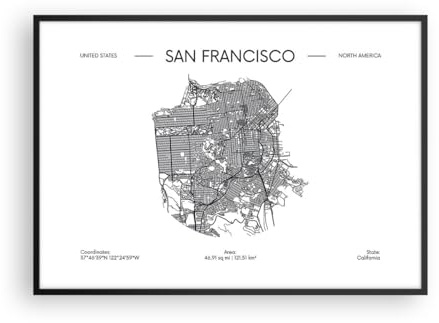 Poster 100x70 cm Wandbild Kunstdruck Schwarz-Weiß Weltkarte - 5436 - P2B | San Francisco Karte Staaten Wandposter mit schwarzem Rahmen Wohnzimmer mit schwarzem Rahmen Wanddeko Kunstposter ARTTOR
