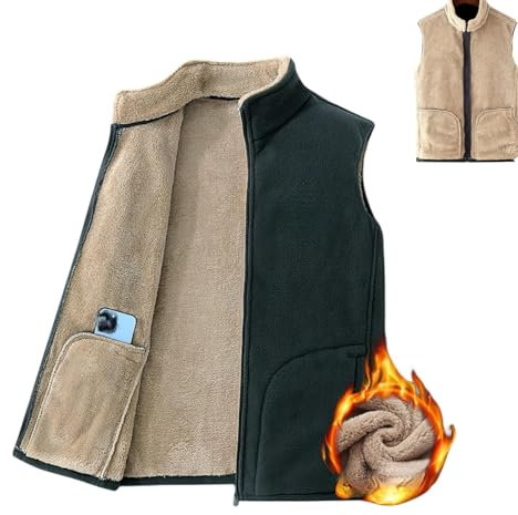 Tseonmis Herren-Weste aus Lammwolle, warme Fleece-Weste für Herbst und Winter, ärmellose Fleece-Weste mit Stehkragen und Reißverschluss (Grey,2XL)
