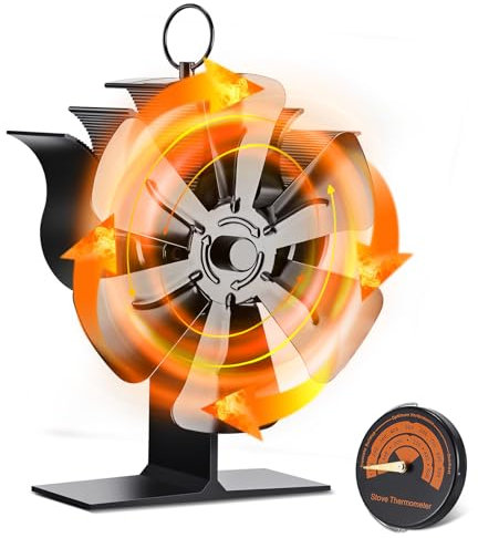 Jasfyee Ventilateur de Poêle à Bois, 6 Pales Ventilateur de Cheminée, Alimenté par La Chaleur, Silencieux à Circulation d'air Chaud pour Poêle à Bois/Poêle à Bûches/Cheminée Avec Thermomètre