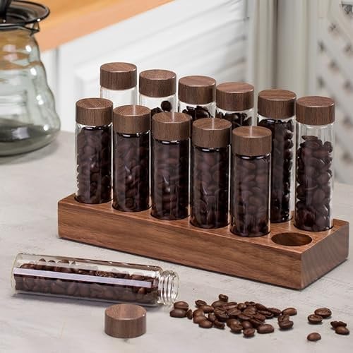 Foribyw 12Pcs Coffee Bean Storage Tubes with Wooden Stand Portable Single Dose Coffee Bean Container Sealed Empty Glass Vials with Lid for Coffee Bar