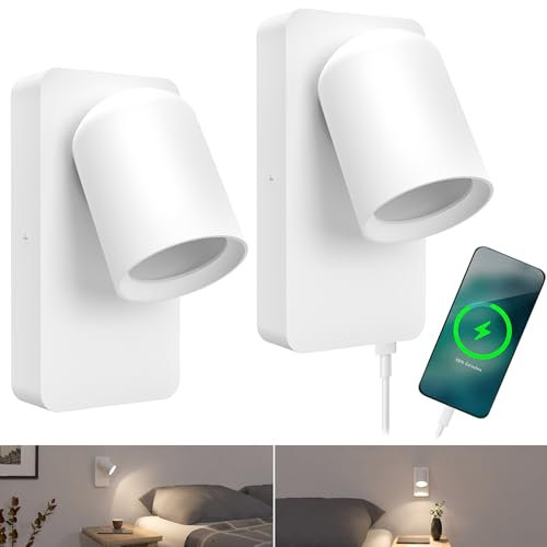 SSC-LUXon NERU Lot de 2 lampes de chevet design Blanc – Lampe murale moderne d'intérieur avec station de charge USB et interrupteur pour GU10