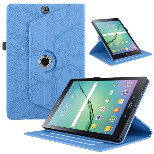 TEDTIKJT Funda para Tabletas Samsung Galaxy Tab S2 9.7 2015 SM-T810/T815 PU Cuero Folio Cover Protectora 360 Giratoria Soporte Carcasa para Samsung Galaxy Tab S2 Funda, Azul Árboles