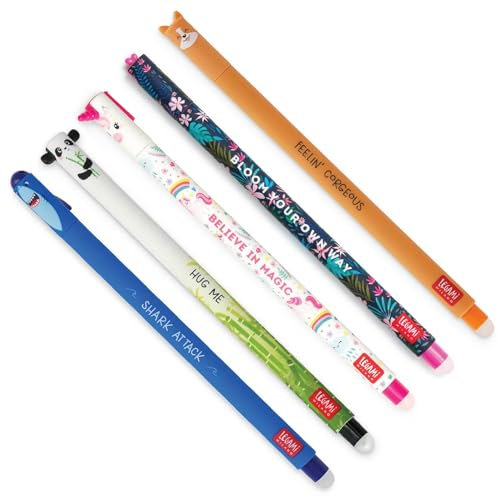 Legami Gelschreiber-Set – Set mit 5 Legami löschbaren Gelstiften, thermoempfindliche Tinte, 0,7 mm Spitze, Haifischblau, Flora Türkis, Panda-Schwarz, Einhorn-Pink, Corgi-Schwarz, mehrfarbig