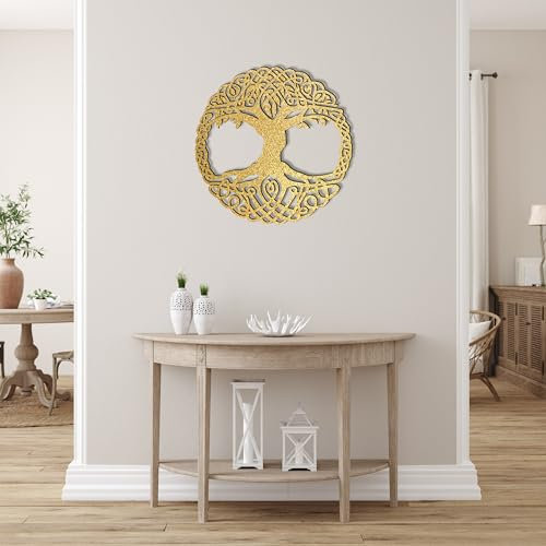 Laserano - Wunderschönes Wandbild aus Holz Lebensbaum rund in der Farbe gold als Wanddeko Ø 56x 0,8cm; Modernes Wandobjekt made in Germany; Ideal für Schlafzimmer, Wohnzimmer, Esszimmer oder Flur