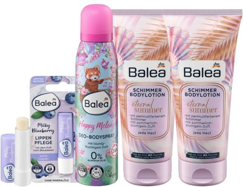 Balea 4er-Set Hautpflege: Lippenpflegestift MILKY BLUEBERRY mit Sheabutter (4,8 g) + Deospray HAPPY MELODY blumig (150 ml) + 2 x Bodylotion ETERNAL SUMMER Schimmerlotion Perlmutt (2 x 200 ml), 550 ml
