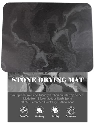 The Poppy Company Large Stone Drying Mat for Kitchen Counter, Water Absorbing Stone, Quick Dry Stone Mat Kitchen, Diatomaceous Earth Dish Drying Mat (17.7 x 13.8 Inch Black Marble Drying Mat)