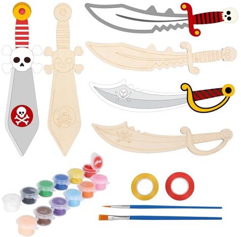 Matogle 6 Stück Piratenschwerter aus Holz für Kinder Piraten Schwert Bemalen Basteln Dekorieren Säbel Selbst Kreatives Piratensäbel Holzbastelset für Kindergeburtstag Piratenparty Schatzsuche