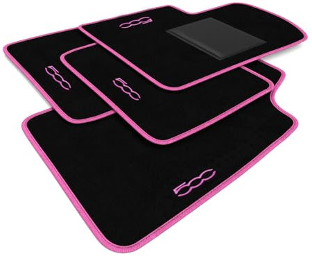 DHCarMats | Tapis de Voiture 500 à partir de 2010 Brodé Bordure Rose | Tapis de Voiture Moquette sur Mesure | Tapis Antidérapant - Tapis de Sol côté conducteur, Passager et posterieurs