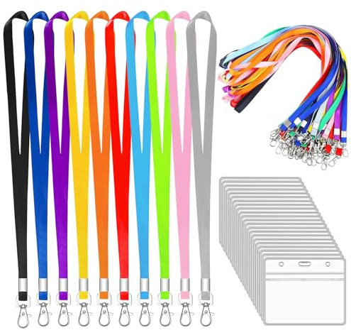 XHDA 50Pcs Colourful Lanyards for Neck with Clear Card Holders | Nylon Lanyards, PVC Ziplock Card Holders, 45 cm Neck Length, Fits 90 x 60 mm Cards, for Offices, Schools and ID Cards