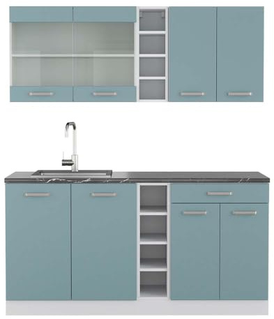Vicco Singleküche R-Line, Blau-Grau/Weiß, 160 cm | 6 Module · Höhenverstellbare Füße · Arbeitsplatte Anthrazit · Robuste Fronten · Mit offenen Regalen · Frei kombinierbar