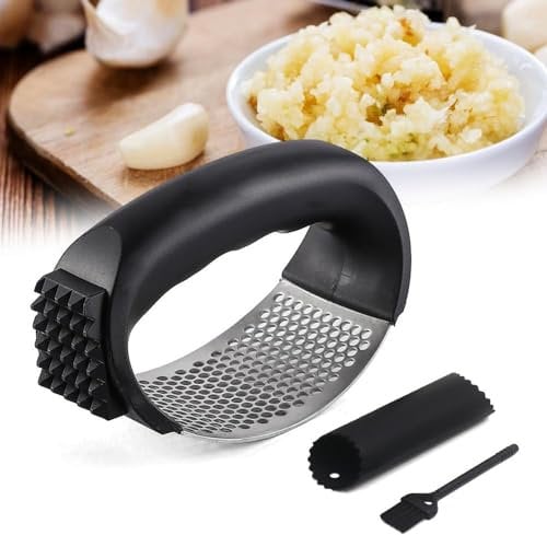 Stainless Steel Garlic Press, Garlic Press Rocker Garlic Mincer, Garlic Chopper with Peeler and Cleaning Brush, Garlic Mincer for Crushing Garlic Tools (Black)