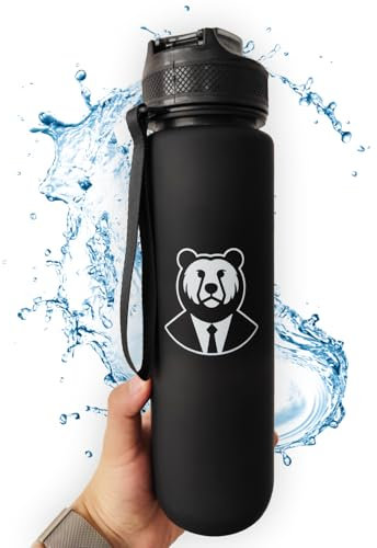 Botella Agua, 1 Litro Botella Agua Deportiva sin BPA, Cantimplora Agua 1000ml con Pajita Gimnasio, Botella Agua sin BPA, Botella Deportiva Fácil de Abrir con Correa, Botella Agua con Marcador