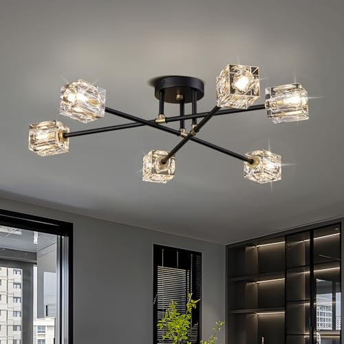 JUJUQI Sputnik Kronleuchter Kristall Deckenleuchte Vintage Deckenlampe Schwarz und Gold Retro Deckenlampe 6-Lichter für Schlafzimmer Esszimmer Wohnzimmer