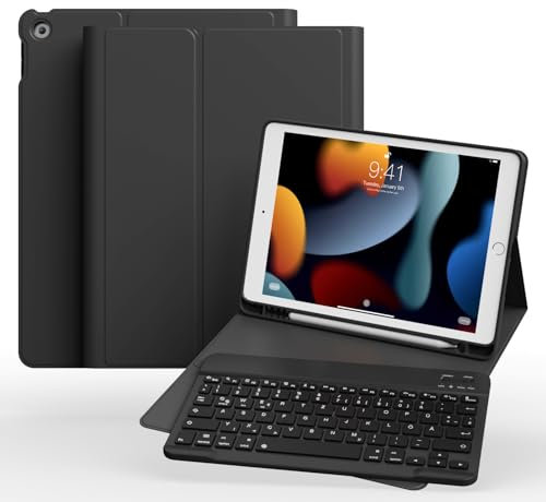 zoyu Hülle mit Tastatur für iPad 9./8./7. Generation 10,2 Zoll 2021/2020/2019, Magnetische Anti-Detach Tastatur mit Stifthalter, Flip Stand Cover iPad 10.2 Zoll Keyboard, QWERTZ Layout, Schwarz