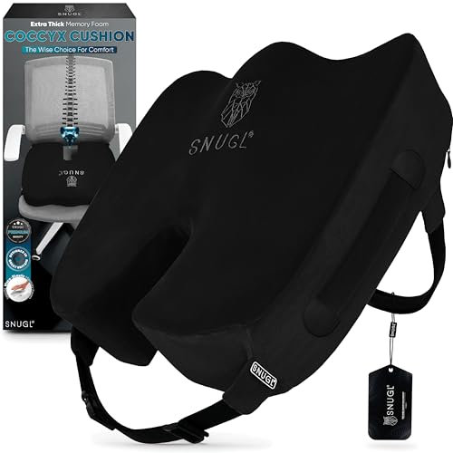 SNUGL Cuscino Coccige | Spesso cuscino in memory foam per ufficio, auto, sedia a rotelle e gaming | Supporto ortopedico per coccige, sciatica, schiena e fianchi (NERO - GRANDE)