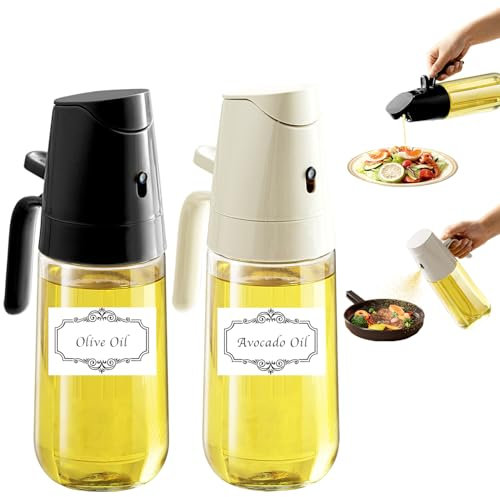(2 Pieces) Olive Oil Sprayer for Cooking with Labels, 2 in 1 500ml/17oz Glass Dispenser Bottle for Kitchen, Oil Mister Spray Bottle for Air Fryer, Salad, Frying, BBQ