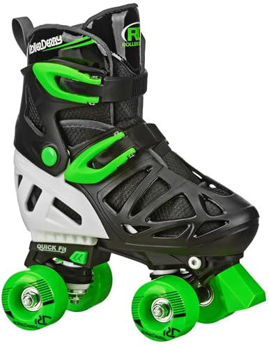 Roller Derby Trac Star Adjustable Skates for Kids, Beginners, Youth Black/Green Size Large (3-6)
