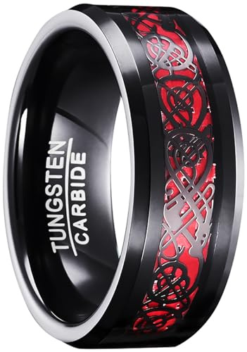 083BASE Herren Tungstenring mit Drachenmuster, 8mm Breite, Zirkonia-Einlage, in Blau, Schwarz und Rot erhältlich - Wolframkarbid Ring für Männer