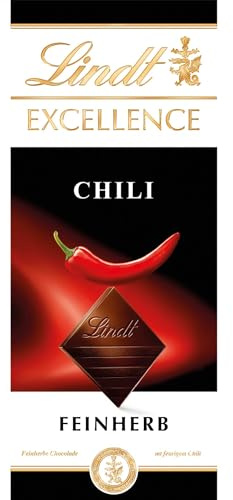 Lindt Schokolade | EXCELLENCE Chili, 100g Tafel, Geschenk, Feinherb | Dunkle Schokolade, intensiver Geschmack, Chili-Extrakt, leicht scharf, extra dünn, zum Teilen & Genießen, Genussmomente