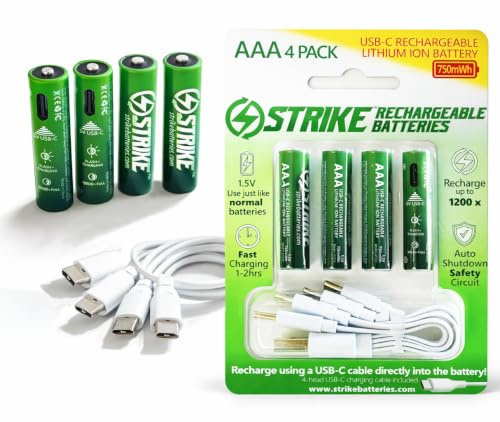 AAA Battery Lithium Ion 4 Pack Smart LED 1.5V 750mWh USB-C Rechargeable with Charging Cable, No Charging Box Needed!